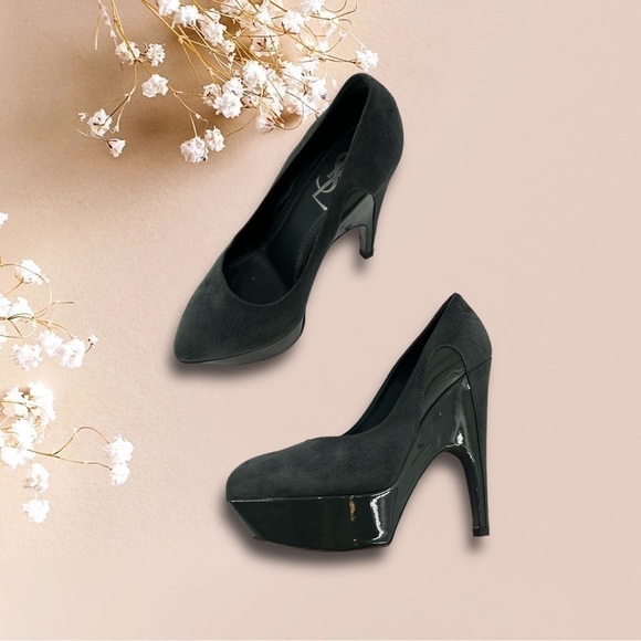 YVES SAINT LAURENT SUEDE AND PATENT LEATHER PLATFORM PUMPS Gray/Green 36 US 6 - Picture 12 of 16